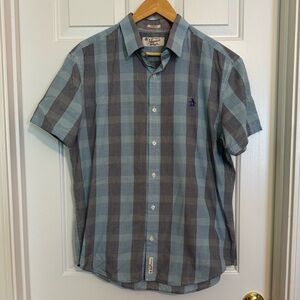 Penguin Munsingwear Mens Classic‎ SS Button Down Black Light Blue Plaid Shirt LG